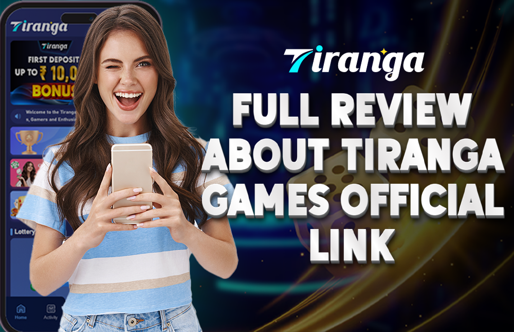 A picture of a woman holding a cellphone showing the Tiranga Games Official Link.